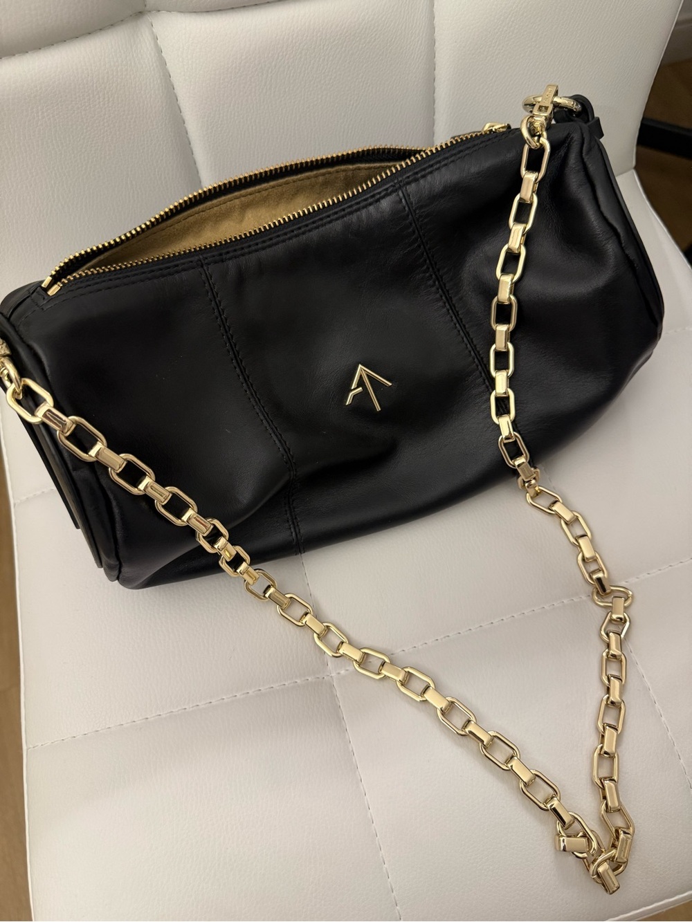 MANU Atelier Cylinder Shoulder Bag Black Leather Gold Chain